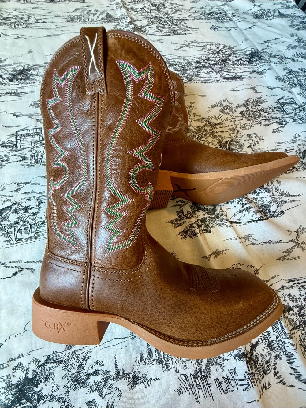Twisted X Brown Lace-Up Western Boots with Green & Pink Stitching